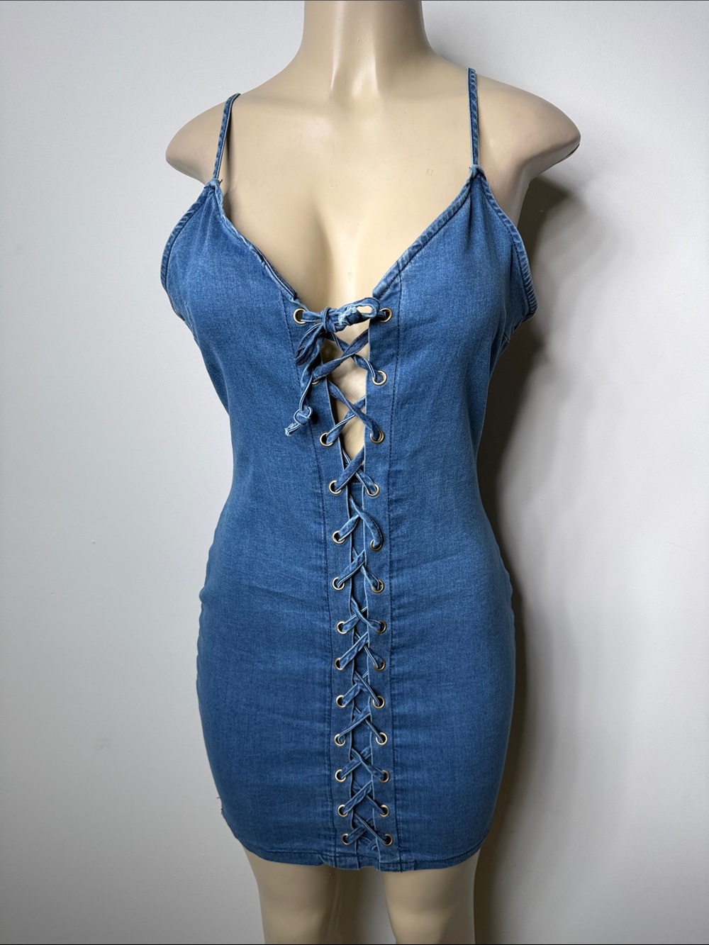Front Lace-Up Denim Mini Dress - Blue